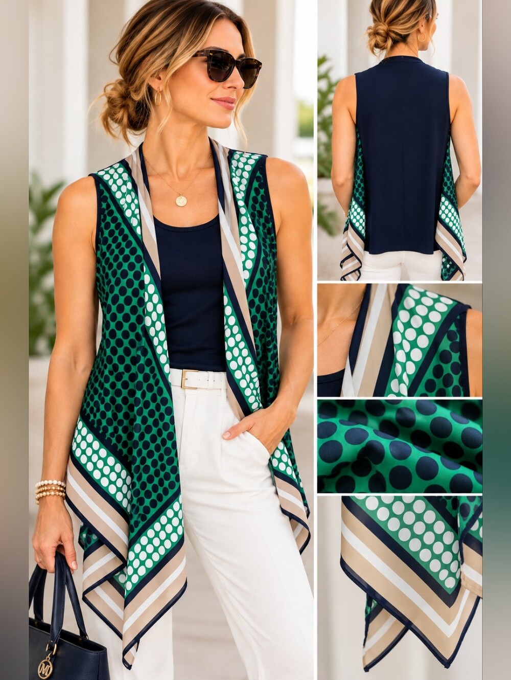 MICHAEL Michael Kors Navy Green Polka Dot Scarf Vest Draped L/XL